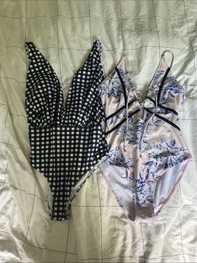 Cupshe Black & White Gingham and Pale Pink Floral One-Piece Swimsuits
